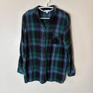 J. Jill Green Blue Plaid Cotton Tencel Button Down Shirt Medium Petite